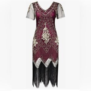 Flapper 1920s Costume Dress Burgundy and Silver Embellished